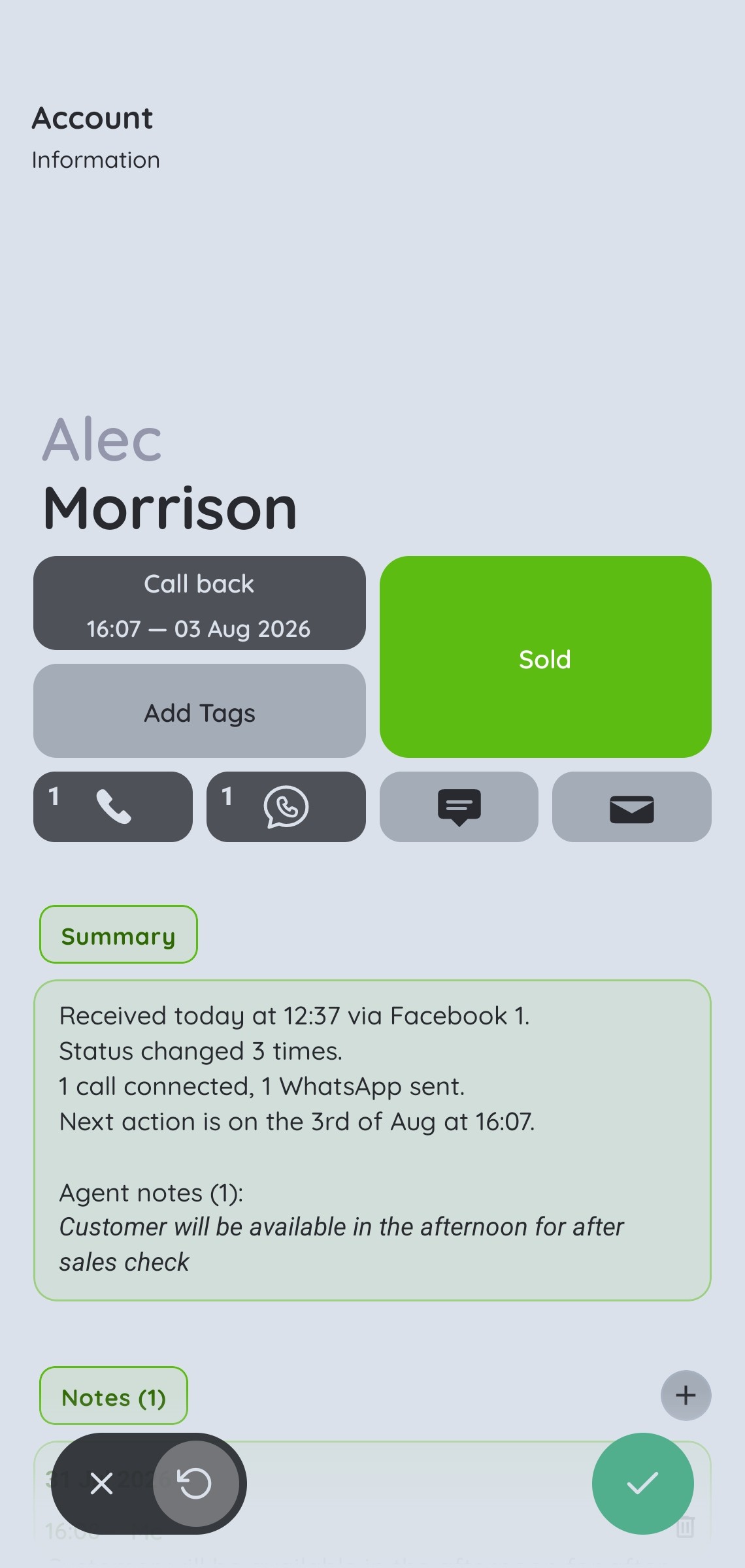 MyCustomr lead detail with status, summary and notes